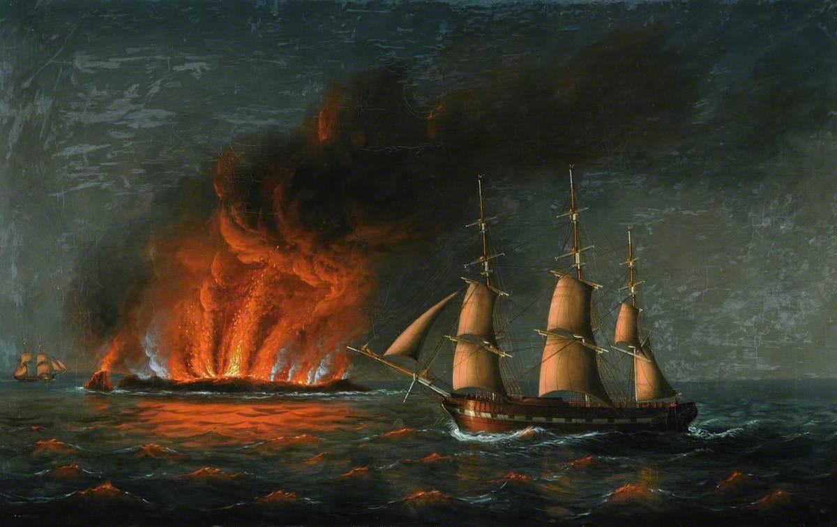Philip John Ouless, "The 'Oliver Blanchard' of Jersey off a Volcanic Island at Night" (1862), oil on canvas (Jersey Museum and Art Gallery, courtesy Art UK)