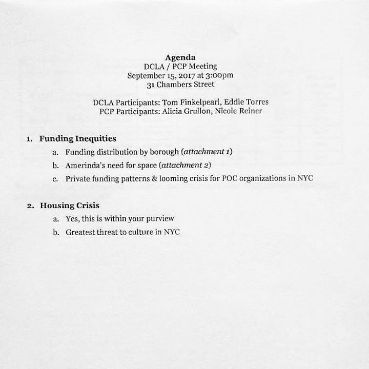 The agenda for the People's Cultural Plan's meeting with Department of Cultural Affairs leaders