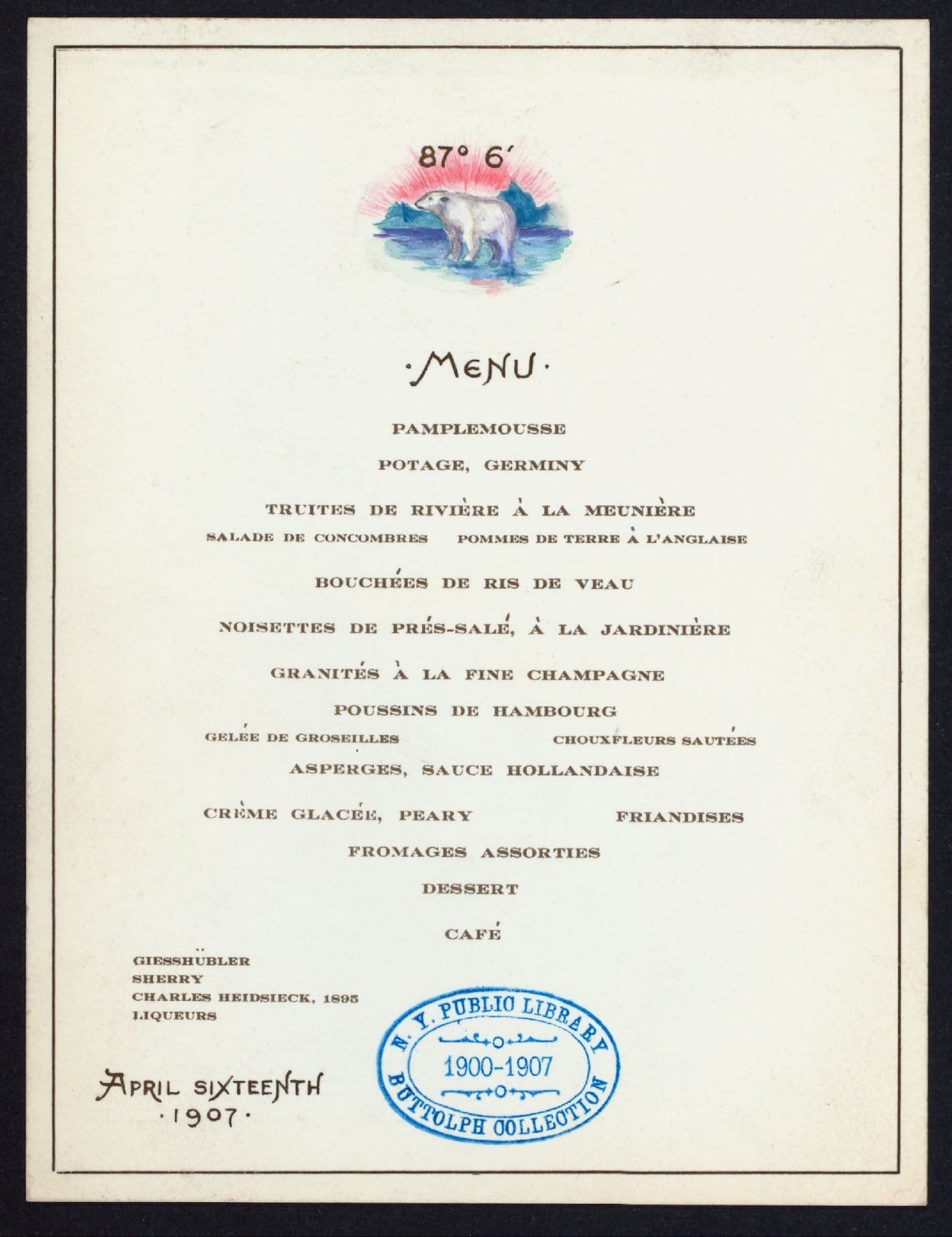 Menu for an April 16, 1907 dinner in honor of Robert Peary (courtesy New York Public Library)