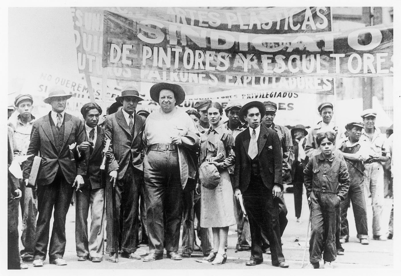 Tina Modotti, "Diego Rivera and Frida Kahlo with Members of the Artists’ Union on the May Day March" (1929) (courtesy La Fábrica)
