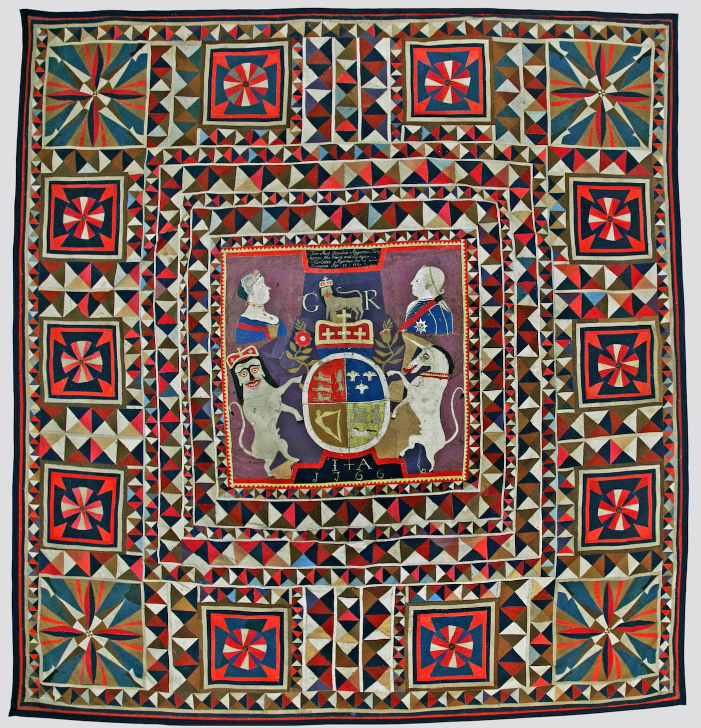 King George III Intarsia Quilt by an unidentified artist (United Kingdom or Germany, 1766), wool, possibly from military uniforms, with embroidery thread; intarsia; hand-appliquéd and hand-embroidered, 106 x 100 inches (Collection Sevenoaks Museum, Kent County Council, United Kingdom)