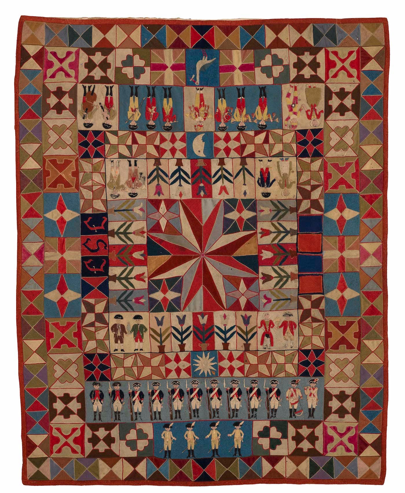 Intarsia Quilt with Soldiers and Musicians by an unidentified artist; initialed “J.S.J.” (Prussia, 1760–80), wool, with embroidery thread; intarsia; hand-appliquéd and hand-embroidered, 55 x 43 inches (courtesy the Annette Gero Collection, photo by Tim Connolly, Shoot Studios)