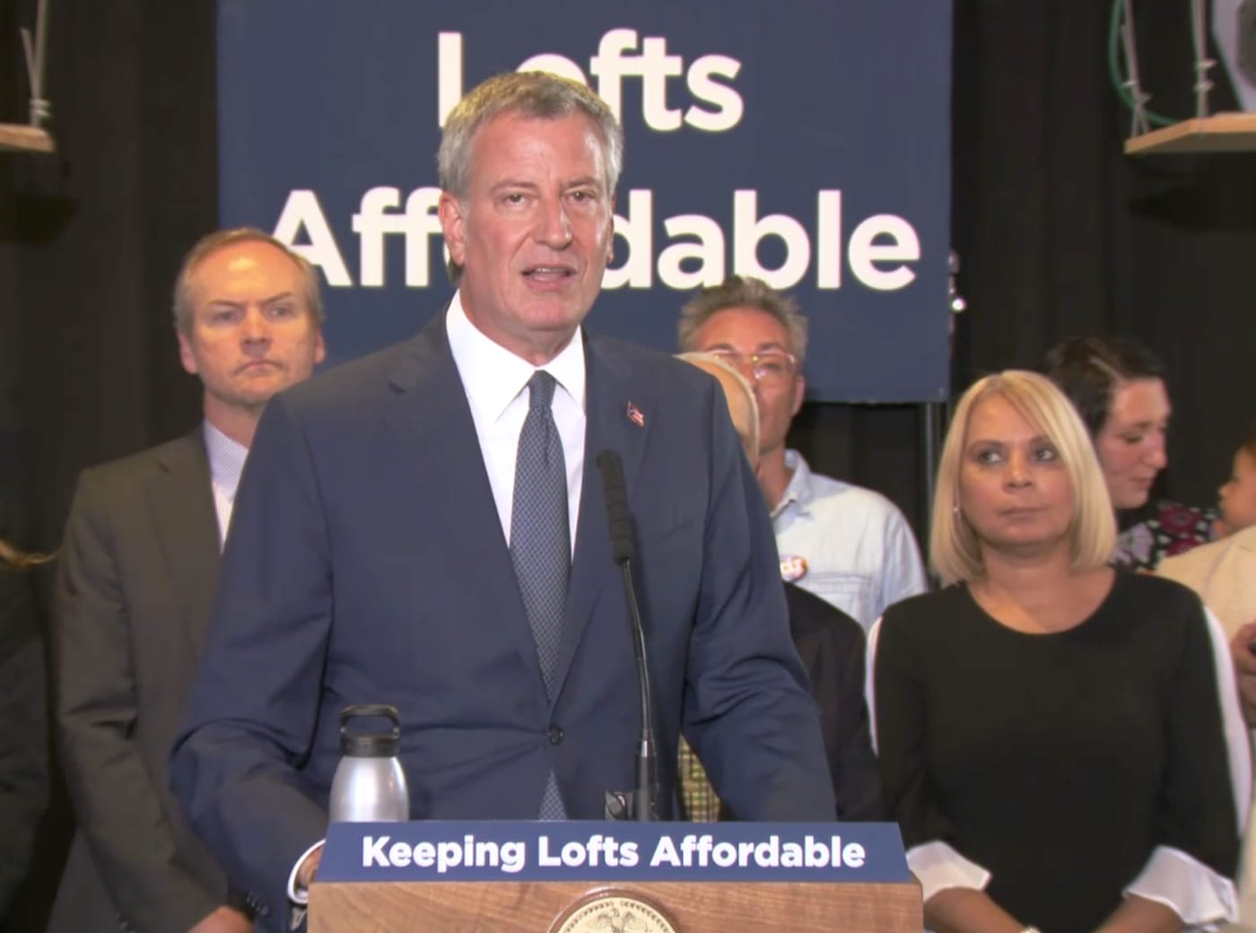 New York City Mayor Bill de Blasio during today's press conference announcing proposed revisions to the city's Loft Law. (screenshot by the author via Periscope)
