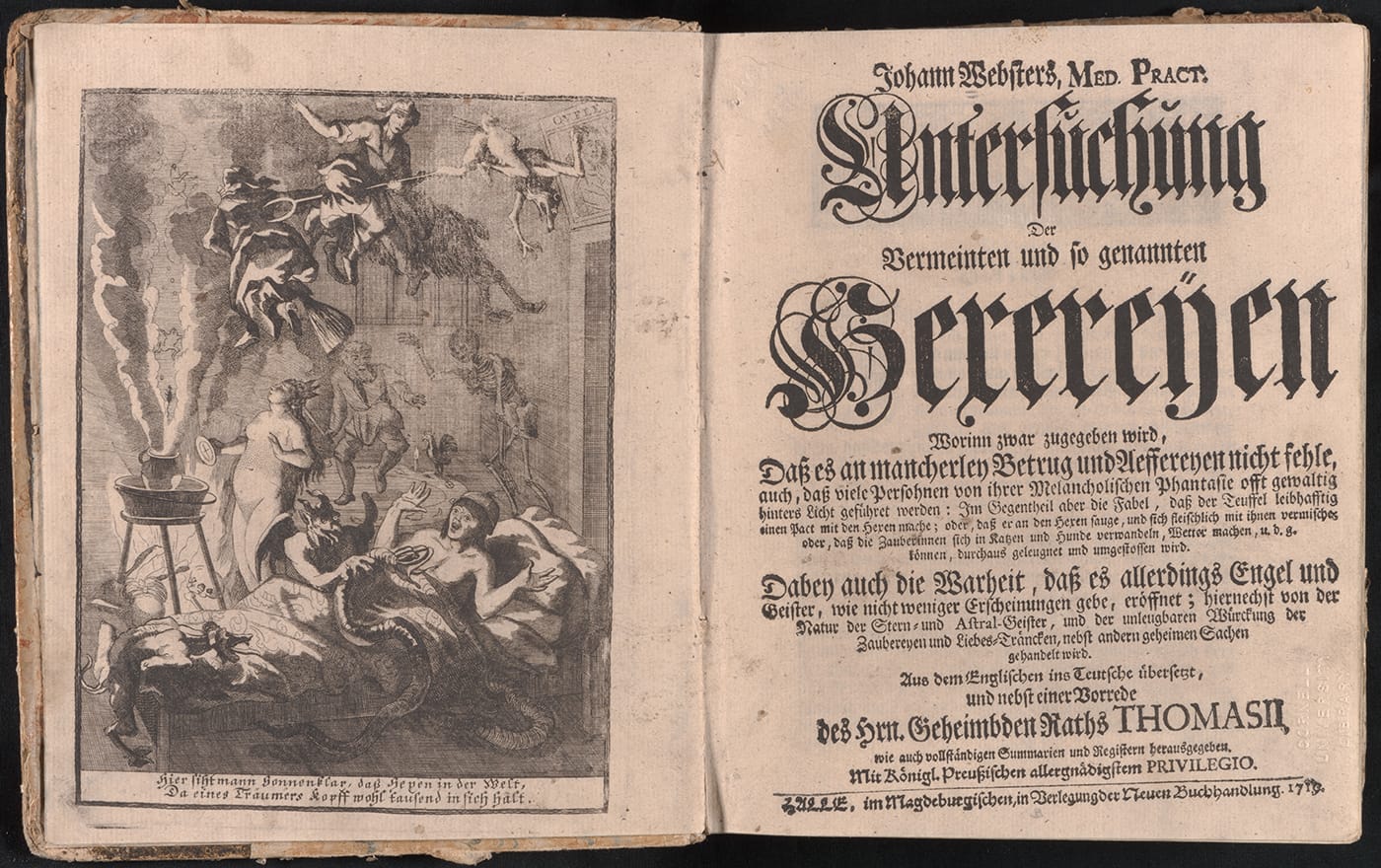 John Webster, <em>Untersuchung der vermeinten und so genannten Hexereÿen :worinn zwar zugegeben wird, dass es an mancherley Betrug und Aeffereyen nicht fehle, auch, dass viele Persohnen von ihrer melancholischen Phantasie offt gewaltig hinters Licht geführet werden ...</em> (courtesy Cornell University Library)