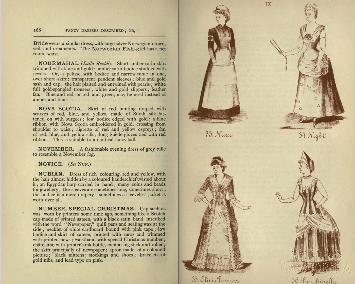 Costumes for Nurse, Night, Oliva Primrose, and Punchinella from Fancy dresses described : or, What to wear at fancy balls (1887) (via Internet Archive)