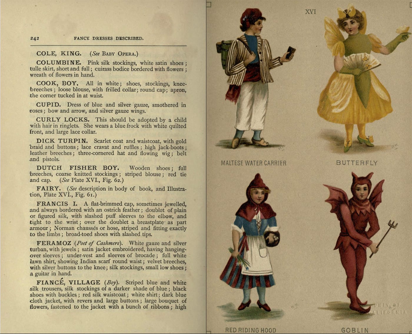 Children's costumes for Maltese Water Carrier, Butterfly, Red Riding Hood, and Goblin from Fancy dresses described : or, What to wear at fancy balls (1887) (via Internet Archive)
