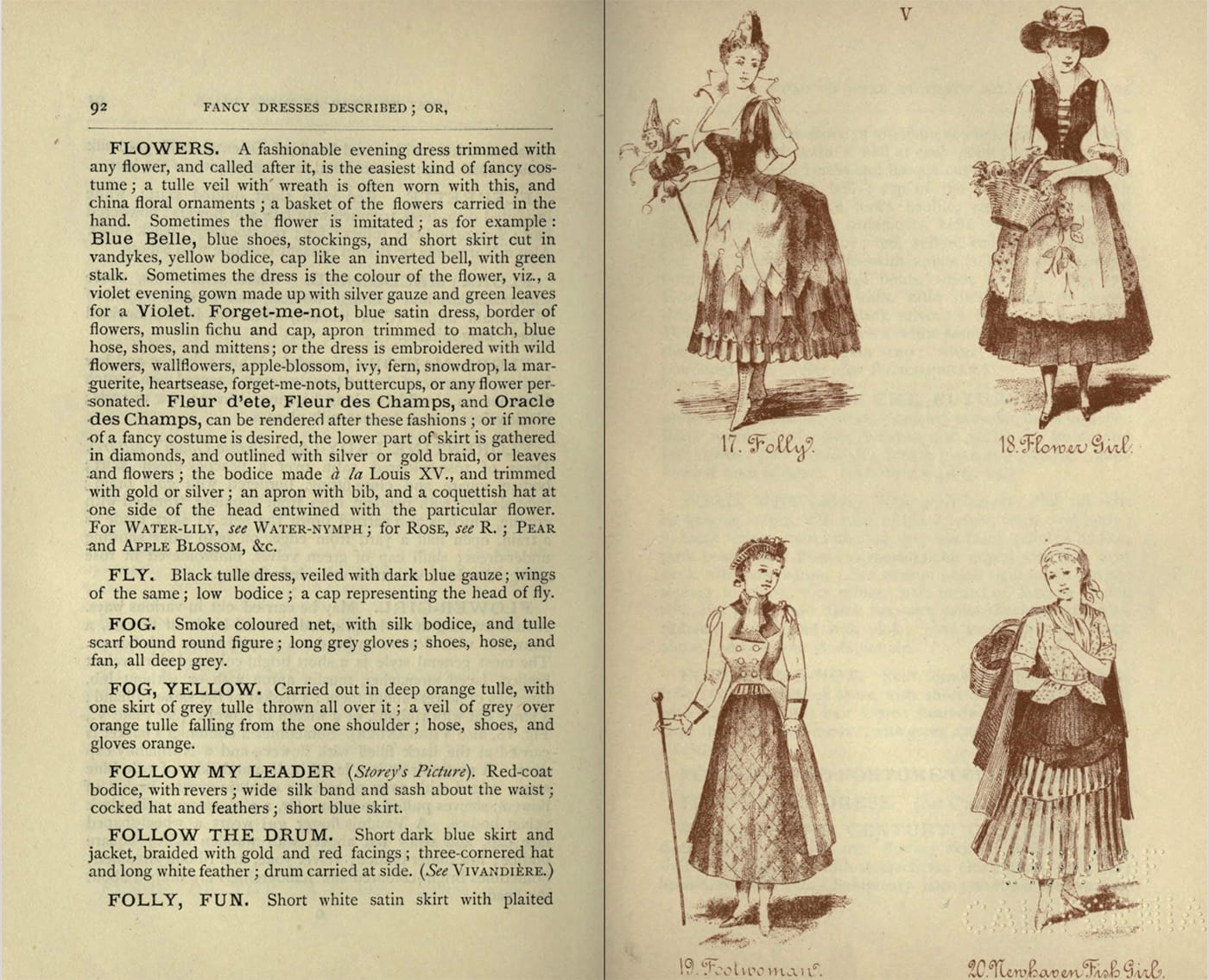 Costumes for Folly, Flower Girl, Foolwoman, and Newhaven Fish Girl from Fancy dresses described : or, What to wear at fancy balls (1887) (via Internet Archive)