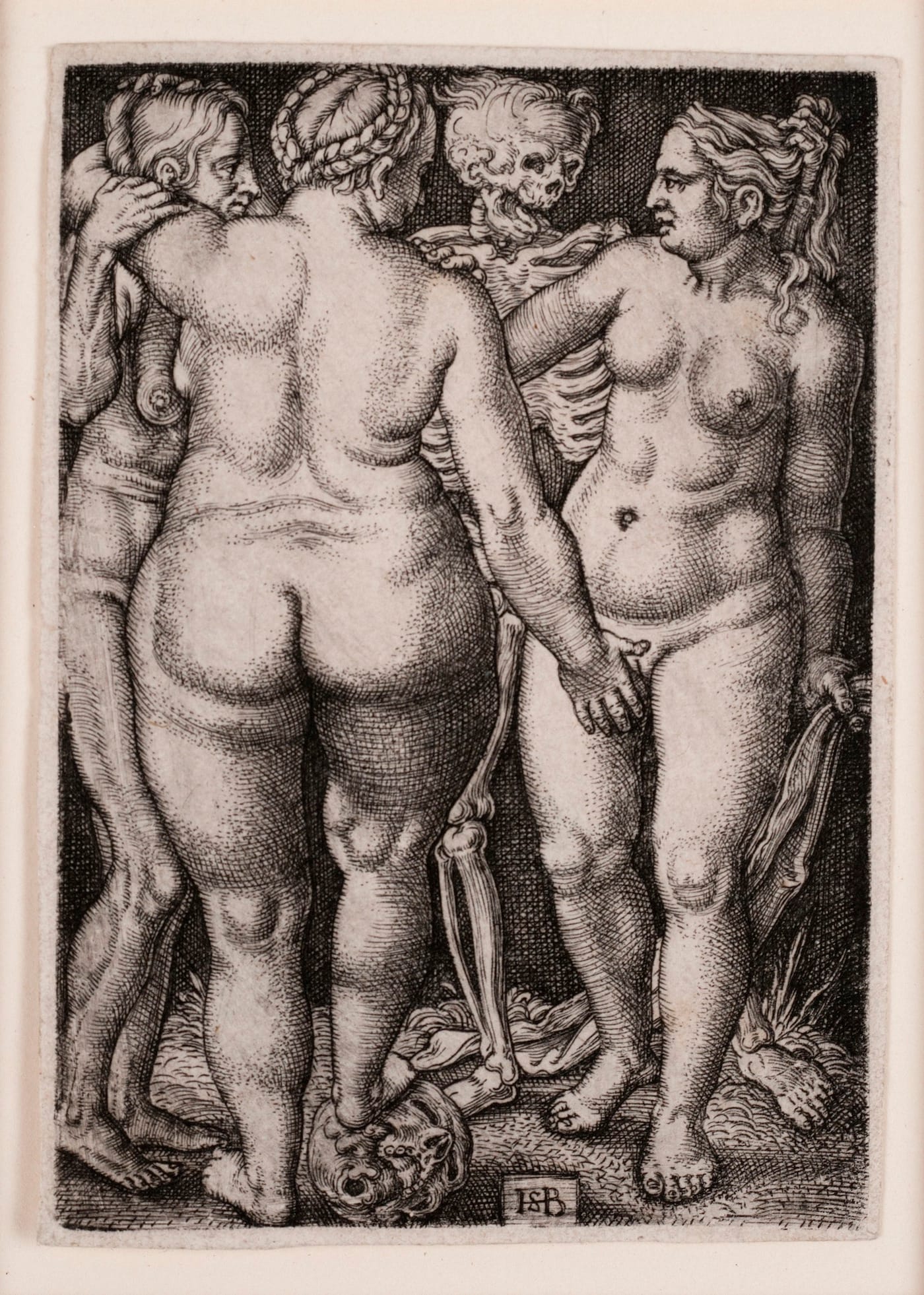 Hans Sebald Beham, "Death and Three Nude Women" (1546-50), engraving, second state of three, 3 1/8 x 2 1/4 inches (courtesy Blanton Museum of Art, the University of Texas at Austin, Archer M. Huntington Museum Fund)