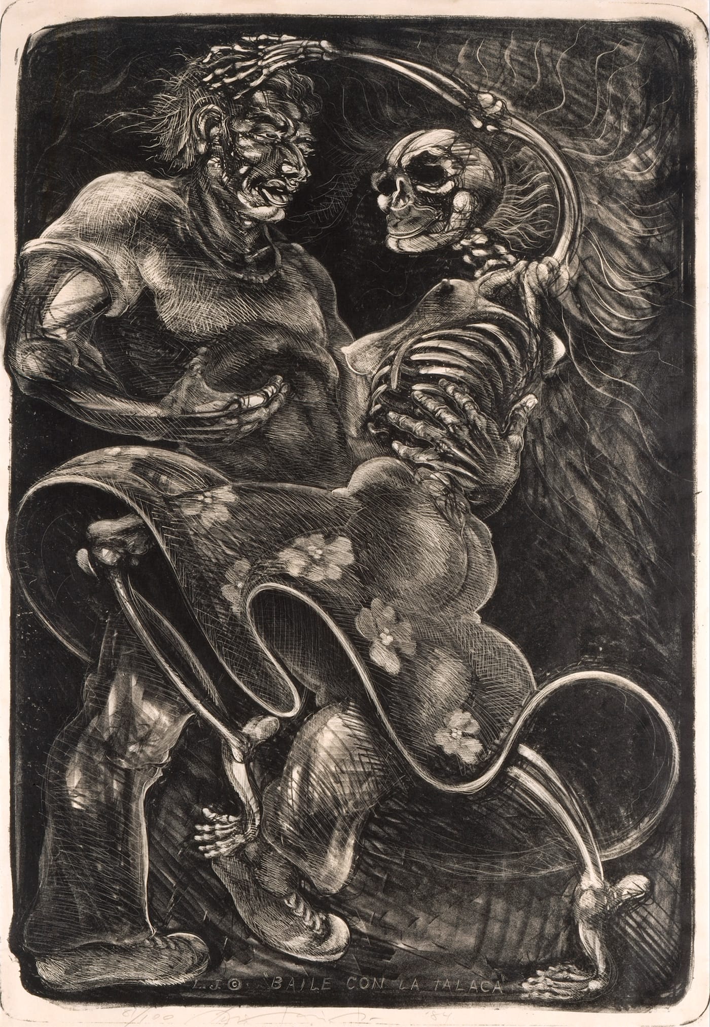 Luis Jiménez, "Baile con la talaca [Dance with the Skeleton]" (1984), lithograph, 39 1/8 x 26 7/8 inches (courtesy Blanton Museum of Art, the University of Texas at Austin, Archer M. Huntington Museum Fund)