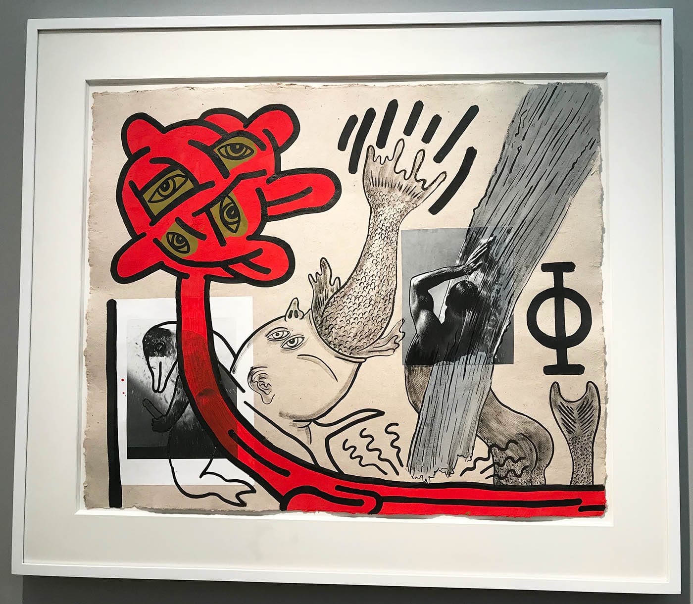 Keith Haring, "For Herb" (November 5, 1987), framed matted acrylic with photo collage on handmade paper, framed dimensions 38.75 x 41.75 x 1.5 in (photo by the author for Hyperallergic)