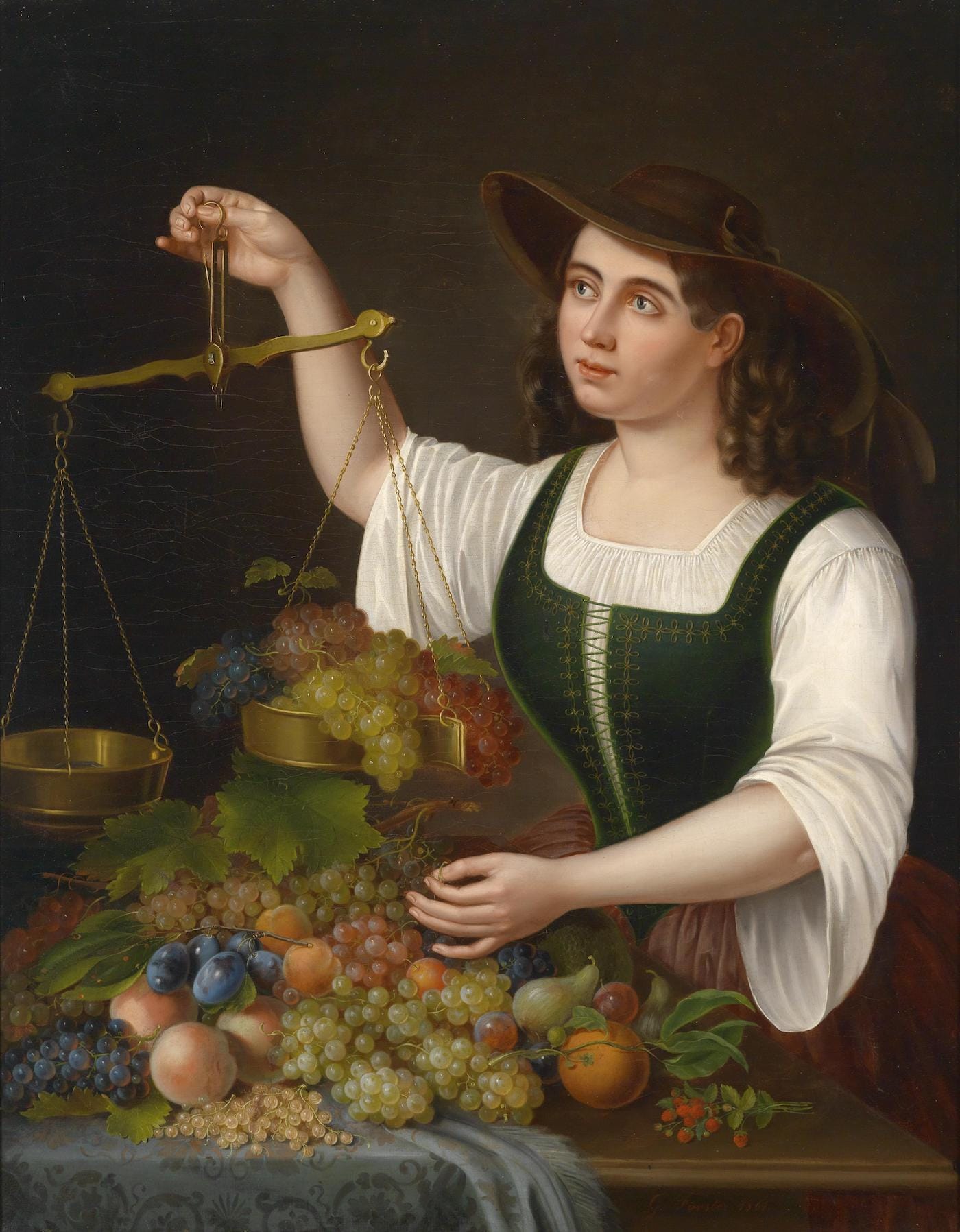 George Forster, "Eine junge Marktfrau beim Abwägen von Früchten" (1861), Dorotheum (via Wikimedia Commons)