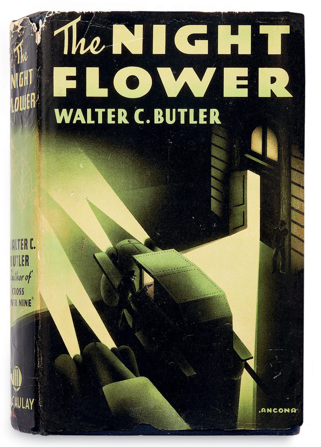Art by Ancona for <em>The Night Flower</em> by Walter C. Butler (The Macaulay Company, New York, 1936). “Ancona,” aka Edward D’Ancona, used dramatic contrasts of light and dark for this mystery novel (one of only two written by Frederick Faust under this pseudonym) and echoes the film noir genre of the period. (© “Ancona” (Edward D’Ancona), from the collection of Martin Salisbury, photo by Simon Pask)