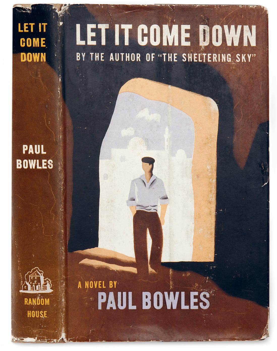 Art by Edward McKnight Kauffer for <em>Let It Come Down</em> by Paul Bowles (Random House, New York, 1952). The jacket for the first American edition of Bowles’s second novel employs a technique informed by Edward McKnight Kauffer’s earlier experience of stenciling or “pochoir.” Bowles’s lead character, Nelson Dyar, is depicted metaphorically entering the dark underworld of Tangiers. (© Simon Rendall)