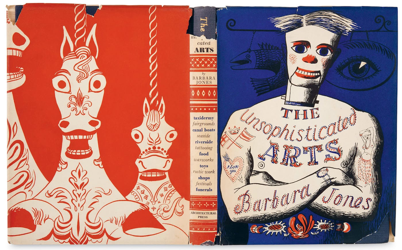 Art by Barbara Jones for <em>The Unsophisticated Arts</em> by Barbara Jones (Architectural Press, 1951). Jones’s dust jacket for her own book is one of the more memorably idiosyncratic designs of the 20th century. (© The Estate of Barbara Jones)