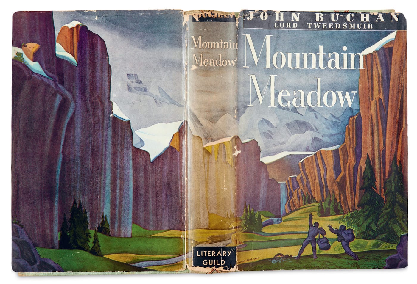 Art by Rockwell Kent <em>Mountain Meadow</em> by John Buchan (Literary Guild of America, New York, 1941). The artist’s lifelong preoccupation with the drama and beauty of landscape is given full rein in this spectacular wraparound design. The exaggerated, almost heroic, posing of the foreground figures suggests the influence of Soviet Realism. (© The Estate of Rockwell Kent, courtesy the Plattsburgh State Art Museum, Plattsburgh College Foundation, Rockwell Kent Gallery and Collection, Bequest of Sally Kent Gorton, Plattsburgh, New York)