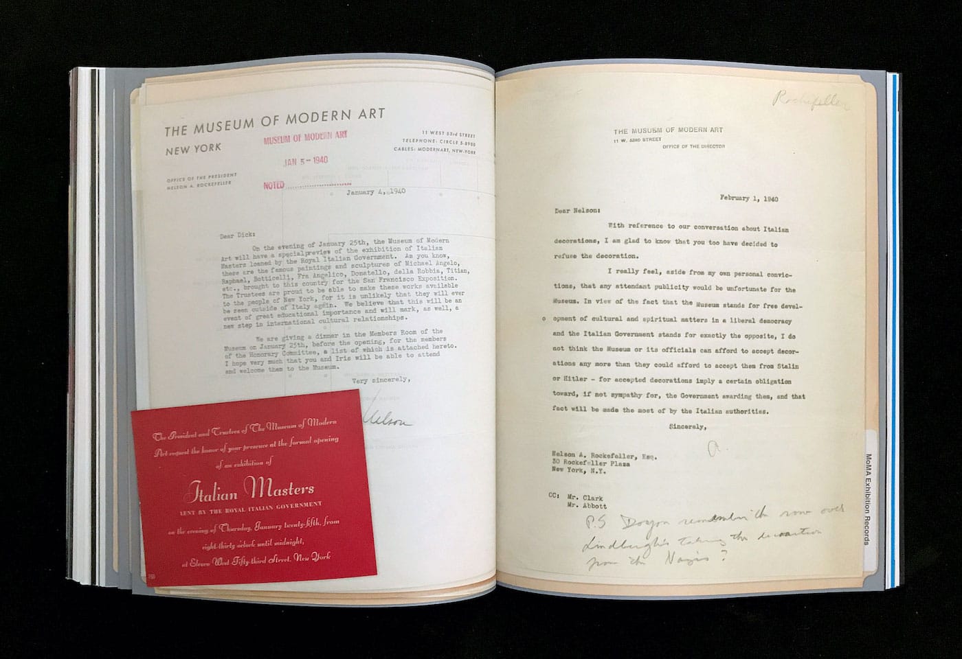 Letter from President of the Board Nelson A. Rockefeller to Director of the Film Library John E. (Dick) Abbott, January 4, 1940 (MoMA Exhibits); Invitation card to the opening of the exhibition (MoMA Exhibits); Letter from Alfred H. Barr Jr. to Nelson A. Rockefeller, February 1, 1940 (MoMA Exhibits) (courtesy Esopus)
