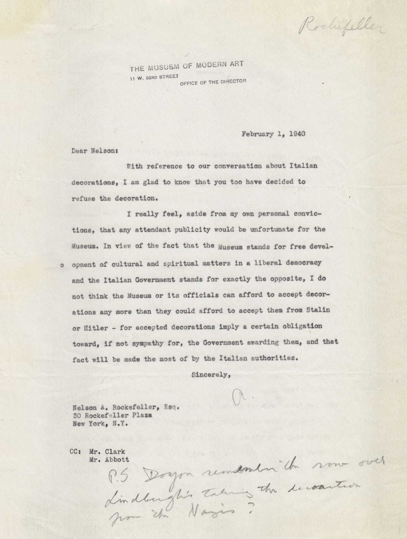  Letter from President of the Board Nelson A. Rockefeller to Director of the Film Library John E. (Dick) Abbott, January 4, 1940 (MoMA Exhibits) (courtesy Esopus)
