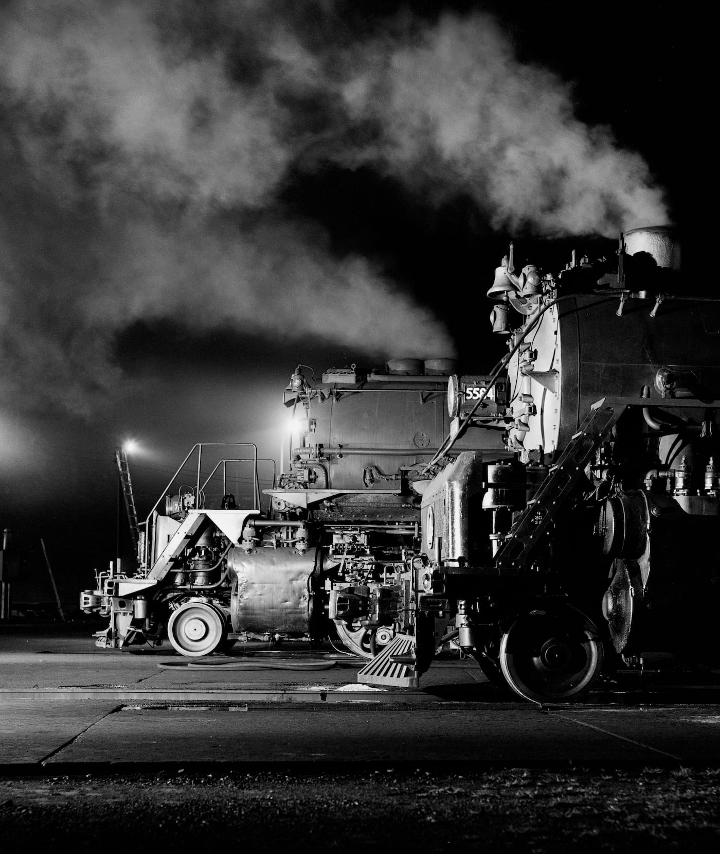 Jim Shaughnessy, "Two Baltimore & Ohio locomotives, Connellsville, Pennsylvania" (1956) (courtesy the artist and Thames & Hudson)