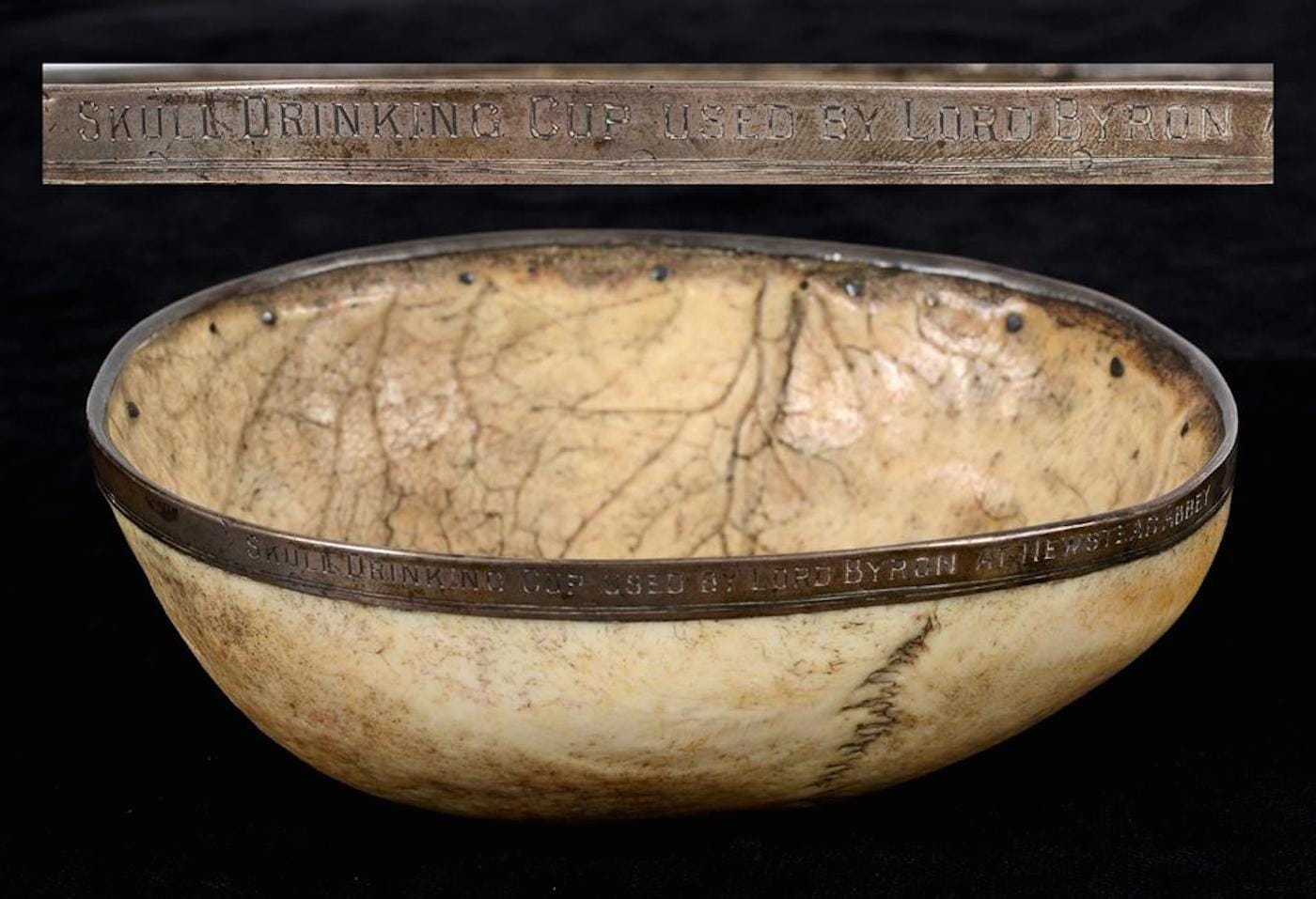 Skull drinking cup inscribed: “SKULL DRINKING CUP USED BY LORD BYRON AT NEWSTEAD ABBEY” (courtesy Charterhouse Auctioneers and Valuers)