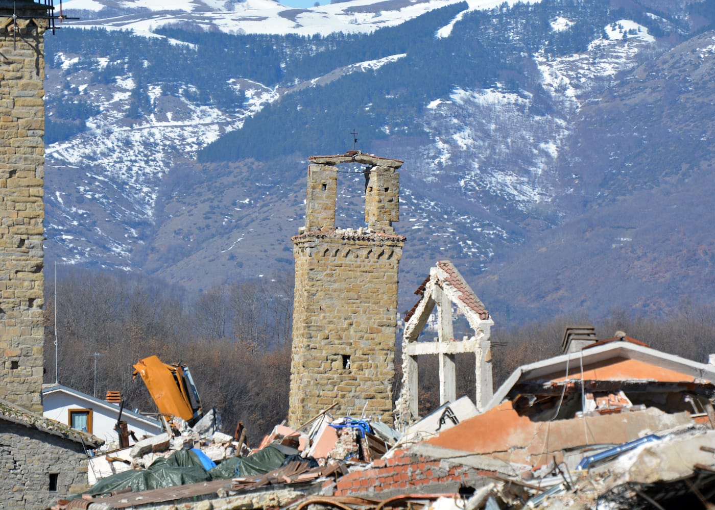 Italy, Amatrice" The bell tower of the medieval church of Sant’Emidio survived the earthquake of August 24, 2016 and subsequent tremors (photo by MIBACT/World Monuments Fund)