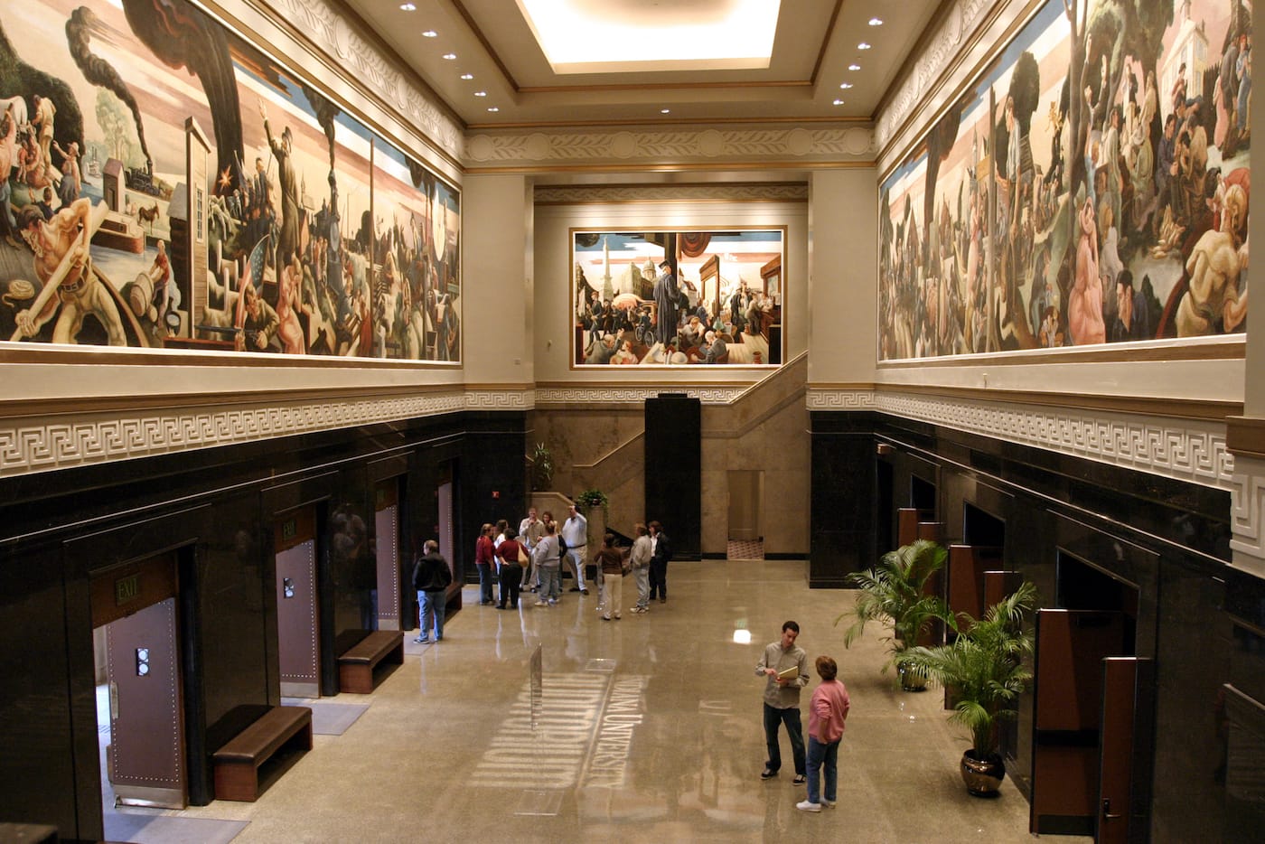 Industrial and cultural panels two through nine of Thomas Hart Benton's "A Social History of Indiana" (1933) are installed in the IU Auditorium’s Hall of Murals. (photo courtesy of Indiana University)
