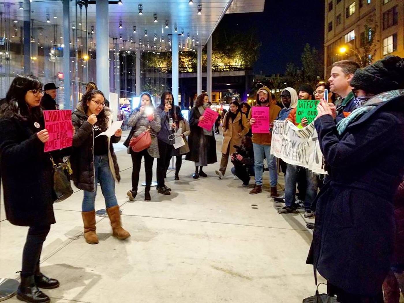 Members of Boyle Heights Alliance Against Artwashing and Displacement (BHAAAD) and other anti-gentrification groups rallying outside the Whitney Museum during Laura Owens's opening on Wednesday, November 8. (photo courtesy BHAAAD)