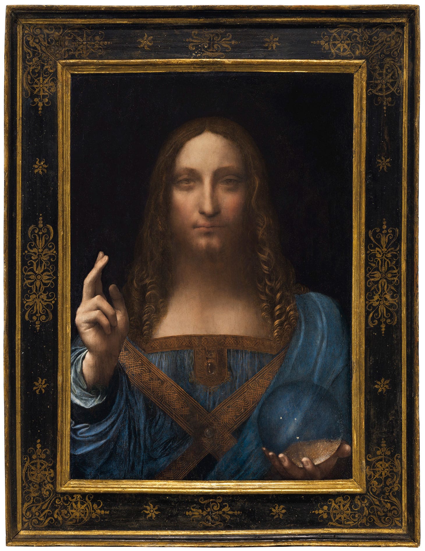 Leonardo da Vinci, “Salvator Mundi” (ca 1500), oil on panel, 25 7/8 x 18 in (image courtesy Christie’s)