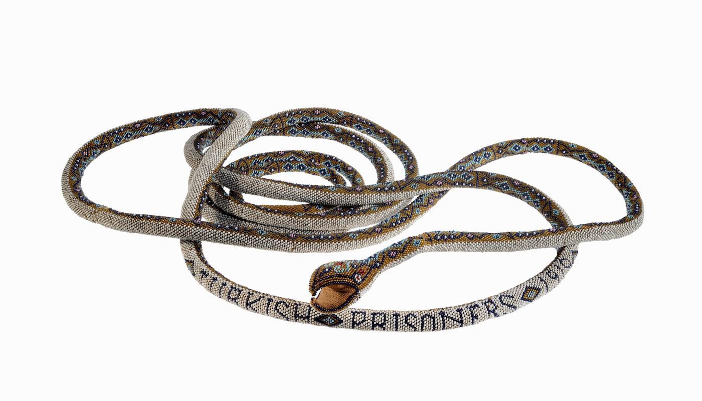 "Snake" (United Kingdom, 1919), glass beads, fabric (courtesy International Red Cross and Red Crescent Museum). During World War I, many Ottoman prisoners made small beaded items like this snake, a symbol of good luck. 