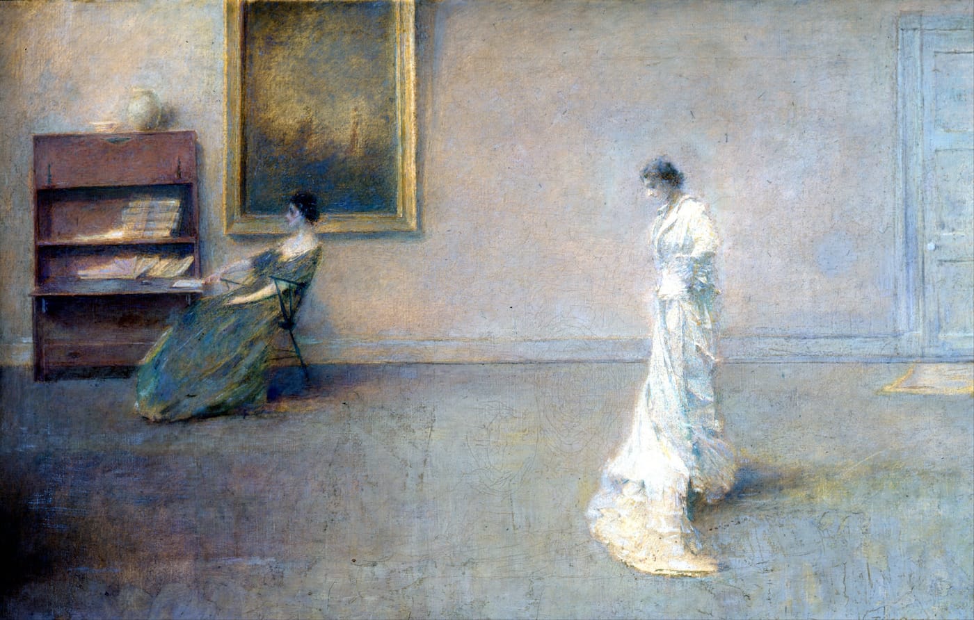Thomas Wilmer Dewing's "The White Dress" (1921) was given a $600,000–800,000 pre-sale estimate by Sotheby's. (Berkshire Museum, via Wikimedia Commons)