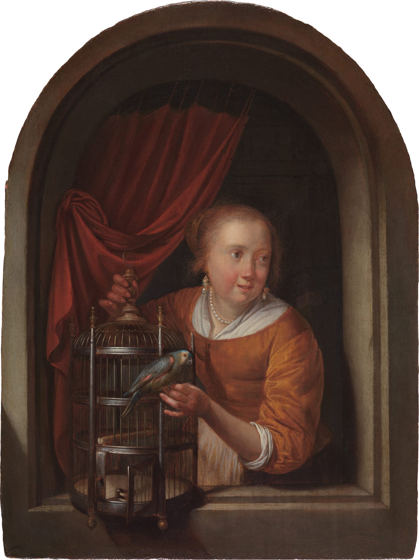 Gerrit Dou, "Woman with a Parrot" (1660-65), oil on panel (© The Leiden Collection, New York)