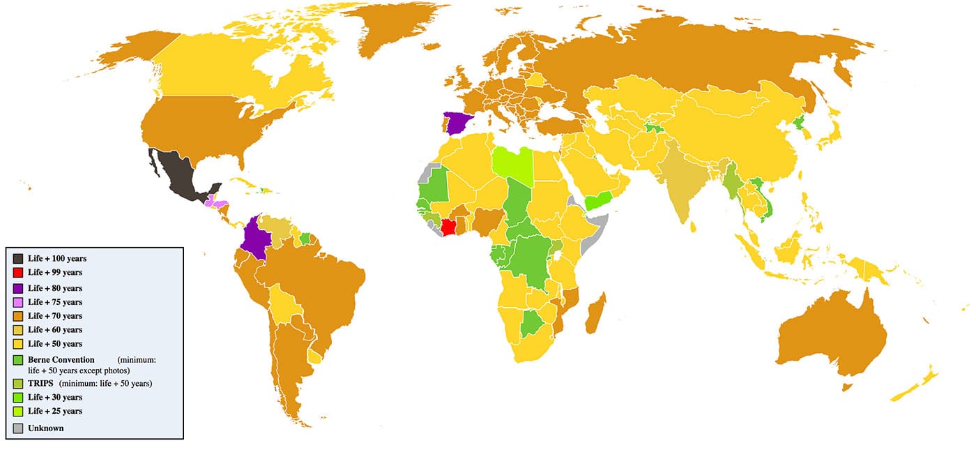 Worldwide copyright terms (via Balfour Smith at Duke University/Wikimedia)
