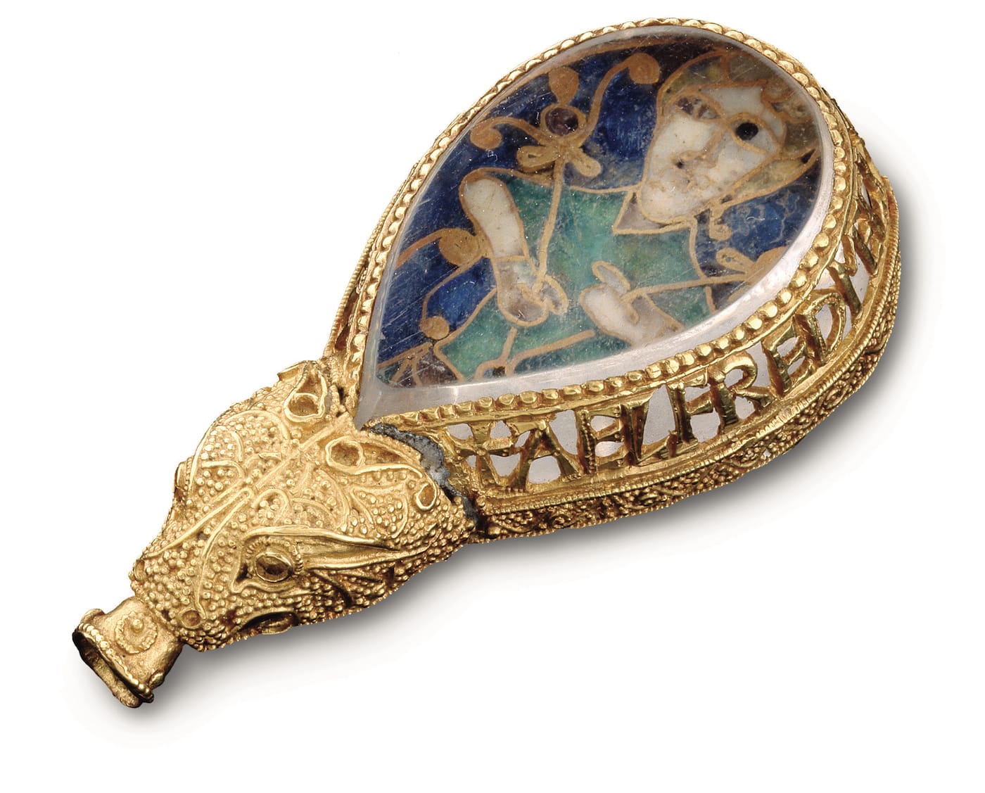 "King Alfred the Great says, in his preface to Gregory’s manual for clergymen, that every copy had an ‘æstel’ on it. What an ‘æstel’ was is not sure, but etymology suggests it was a pointing tool, to follow the words when reading. This jewel from Alfred’s era seems to be the handle of such a pointer, and written round the side in gold capitals is ‘AELFRED MEC HEHT GEVVYRCAN’. ‘Alfred had me made’ – but did he design it?" (courtesy Ashmolean Museum, University of Oxford)