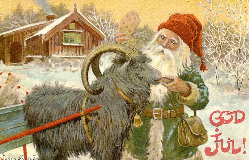 A Yule goat on a Christmas card (by Jenny Nyström, via Wikimedia)
