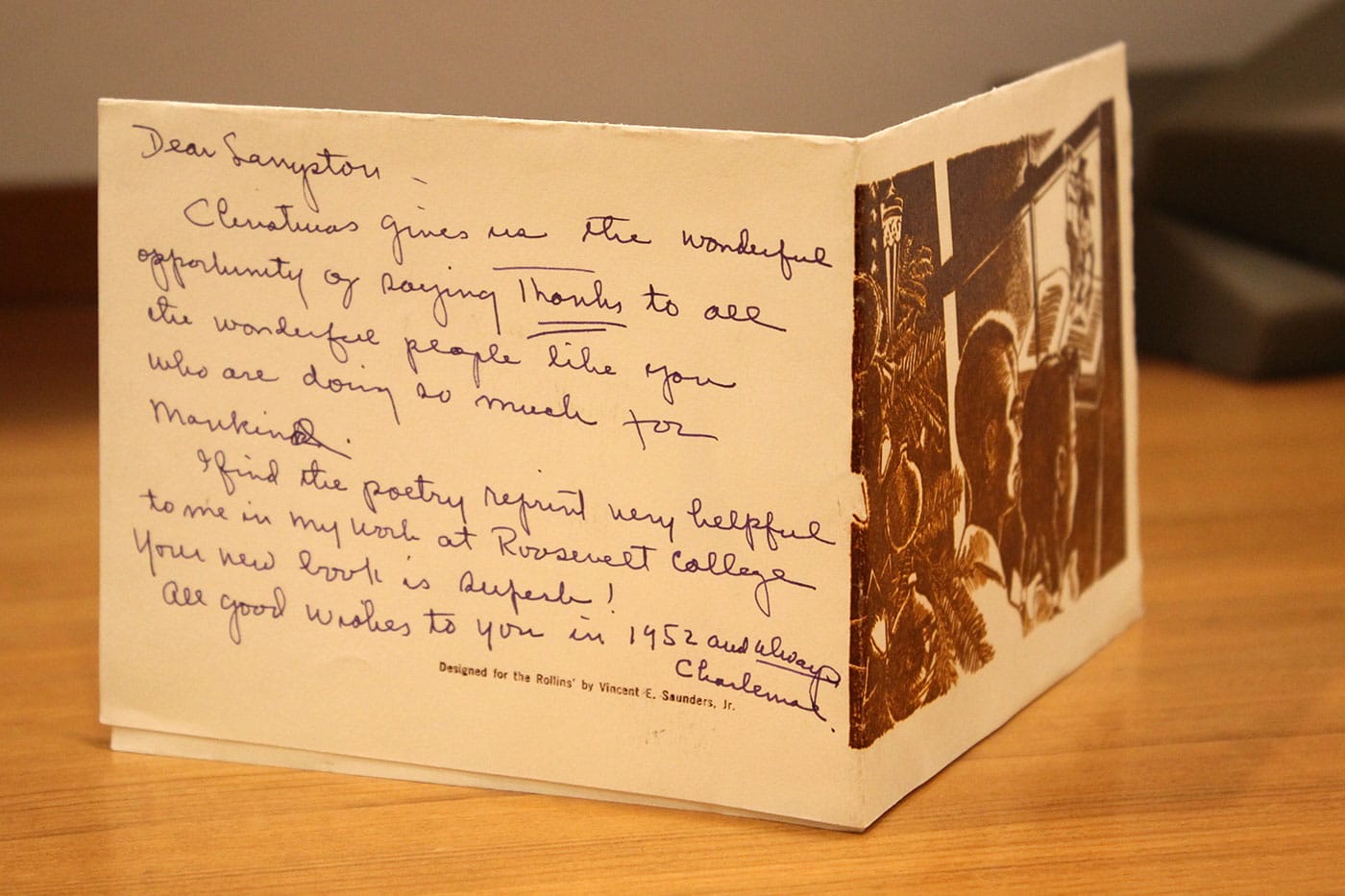 Card sent to Langston Hughes from Charlemae Rollins (courtesy Beinecke Rare Book and Manuscript Library, Yale University)