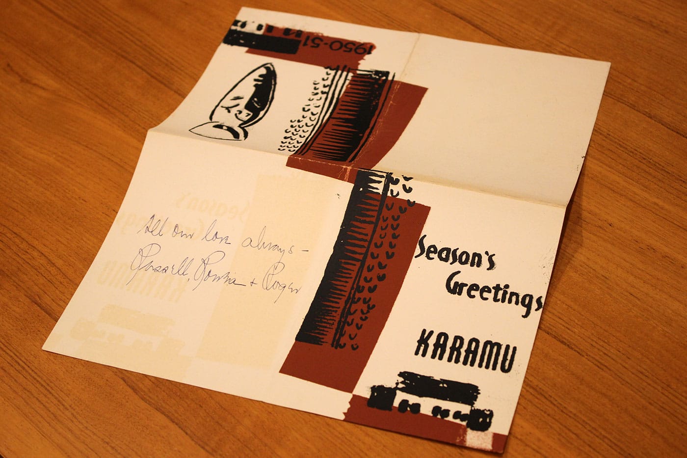 Card sent to Langston Hughes by Russell and Rowena Jelliffe of Karamu House (courtesy Beinecke Rare Book and Manuscript Library, Yale University)