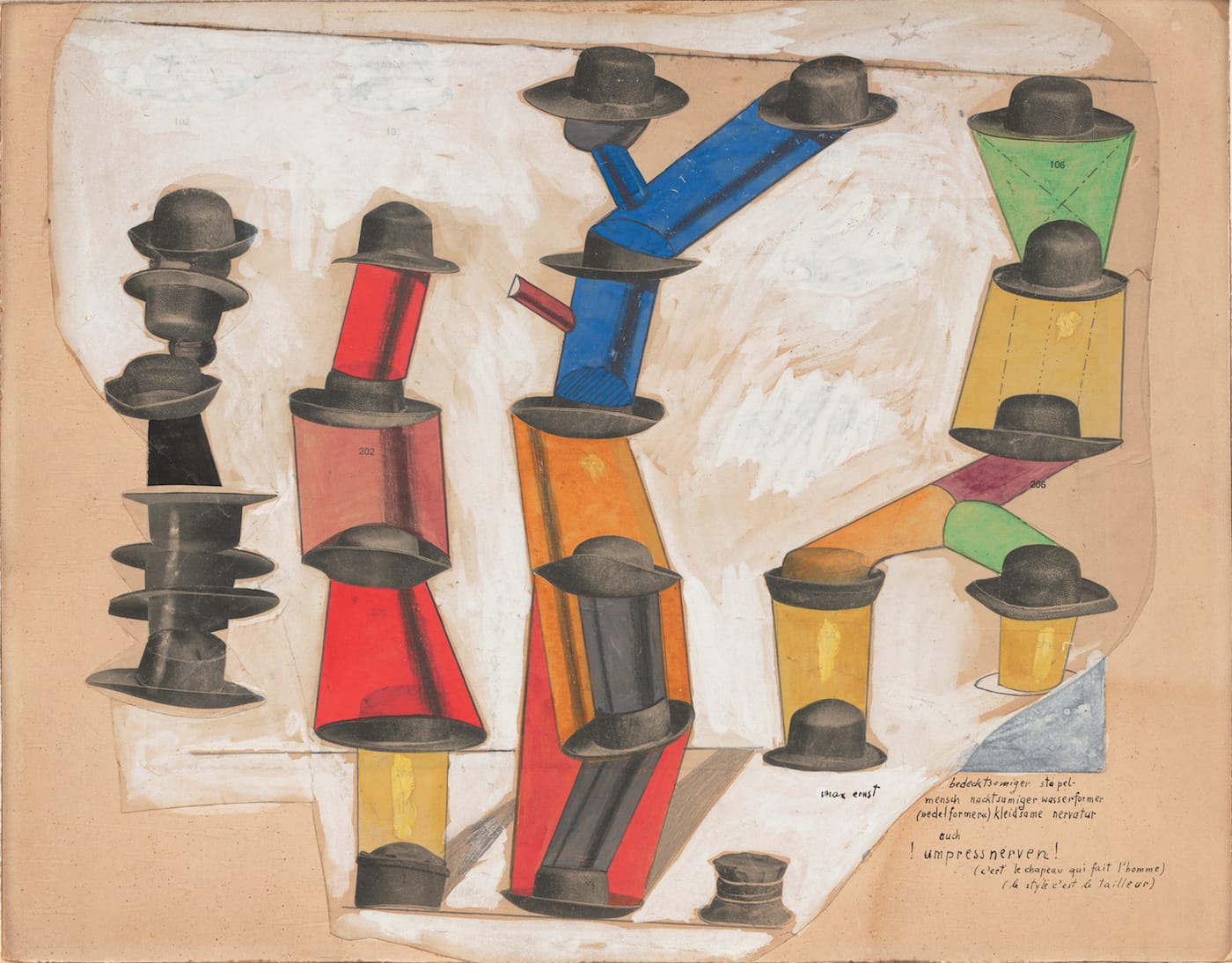 Max Ernst, "The Hat Makes the Man" ("C’est le chapeau qui fait l’homme," 1920), gouache, pencil, oil, and ink on cut‑and‑pasted printed paper on paper, 13 7/8 x 17 3/4 in, the Museum of Modern Art, New York, purchase, 1935 (photo by Paige Knight, © 2017 Artists Rights Society/ARS, New York / ADAGP, Paris)