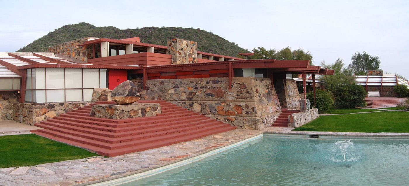 The Frank Lloyd Wright Foundation received a $6,000 NEH grant for environmental monitoring equipment to be installed at Taliesin and Taliesin West (pictured). (photo by Greg O'Beirne, via Wikimedia Commons)