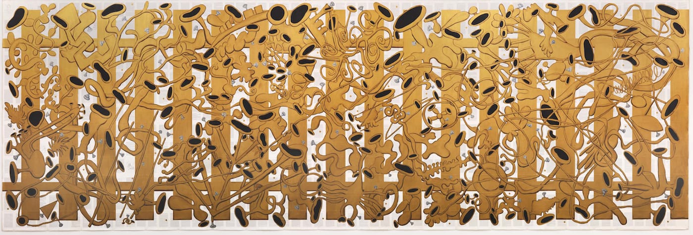 Tim Rollins and KOS, "Amerika - Everyone is Welcome! (after Kafka)" (2002), acrylic on book pages on canvas (not stretched), 96.25 x 286.625 in (courtesy Studio KOS, Lehmann Maupin, New York and Hong Kong)