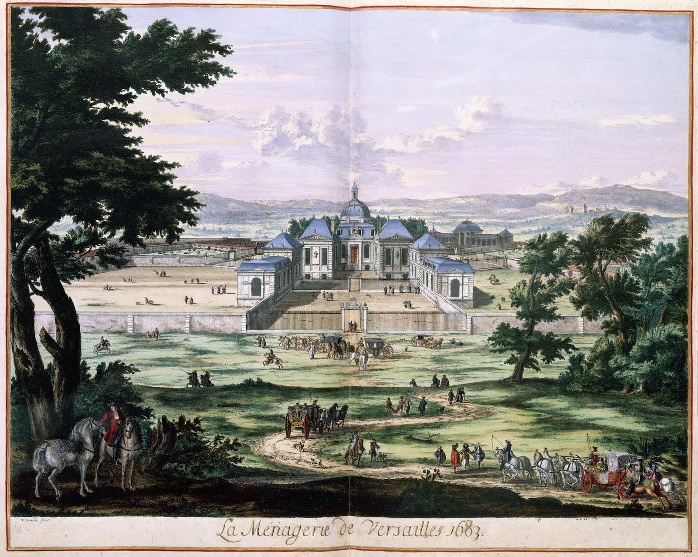 "La Ménagerie de Versailles 1683," an engraving from between 1683 and 1684 (via KB, National Library of the Netherlands/Wikimedia)