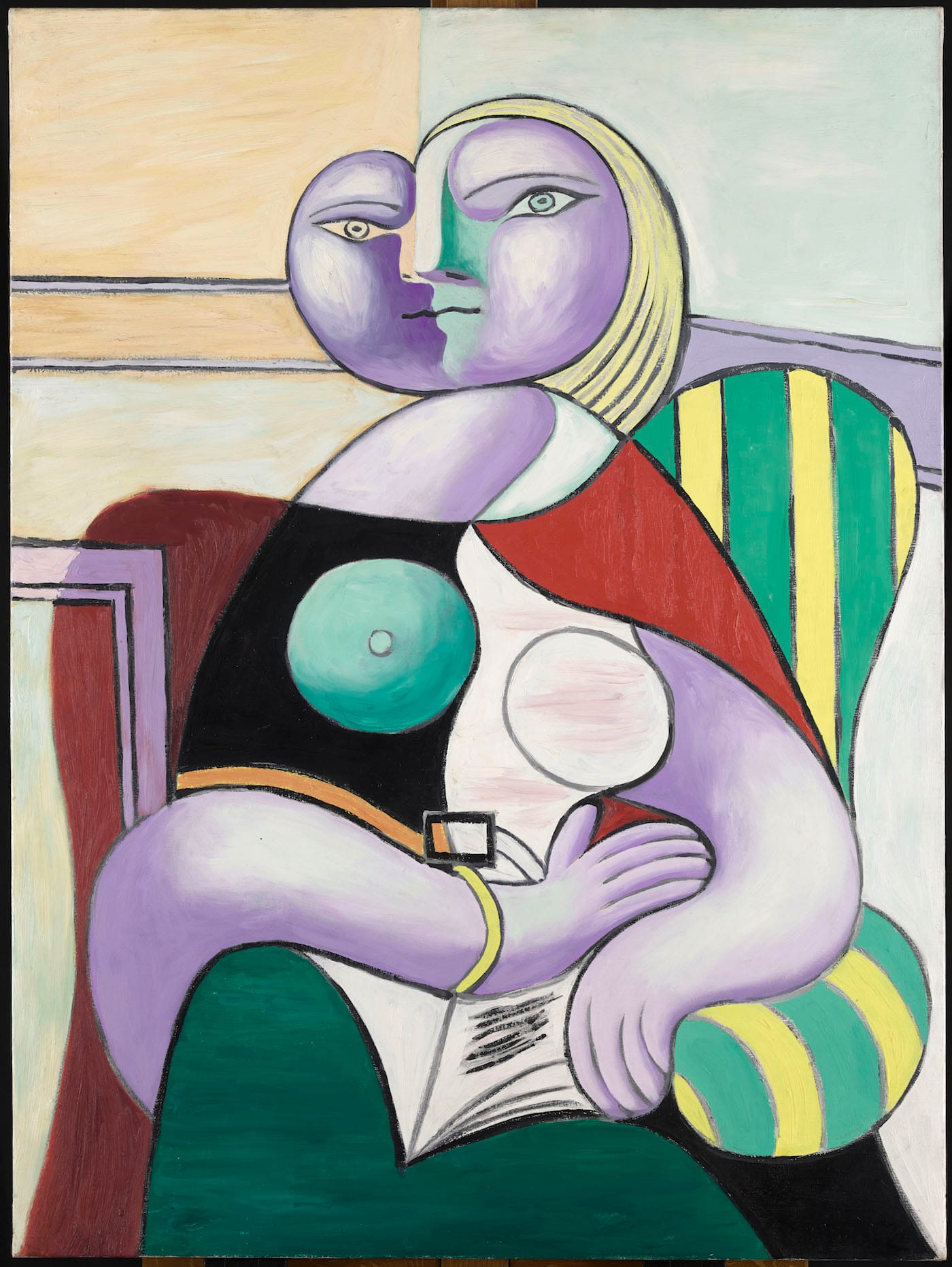 Pablo Picasso, "Woman Reading" (January 2, 1932), oil on canvas, Musée National Picasso, Paris (photo © RMN-Grand Palais, Musée National Picasso, Paris; Mathieu Rabeau; © Succession Picasso)