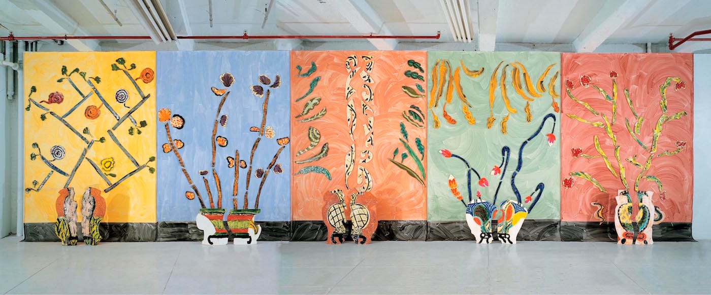 Betty Woodman, "Ceramic Pictures of Korean Paintings" (2001/02), glazed earthenware, clay, canvas 37 1/2 x 10 x 1 feet (courtesy Salon 94)