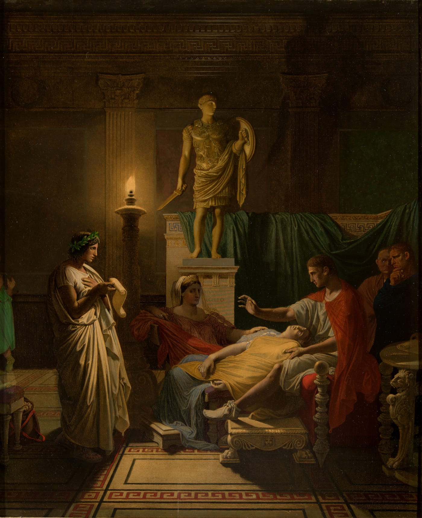 Jean-Auguste-Dominique Ingres, "Virgil Reading the Aeneid Before Augustus" (1865), oil over print, engraving by Charles-Simon Pradier, 23 1/2 x 19 1/4 in, collection of La Salle University Art Museum (courtesy La Salle University)