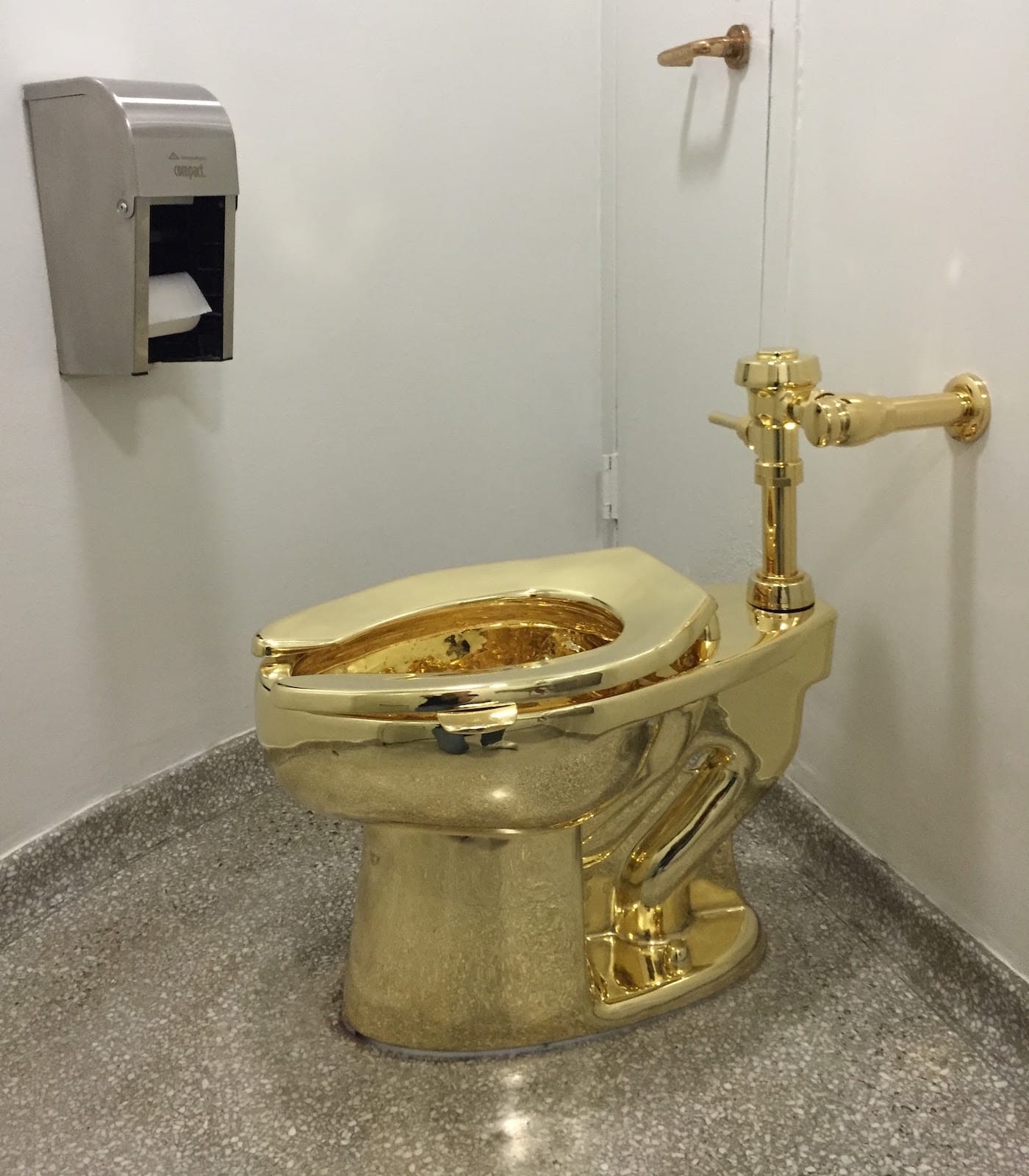Maurizio Cattelan, “America” (2016), gold (photo by Carey Dunne/Hyperallergic)