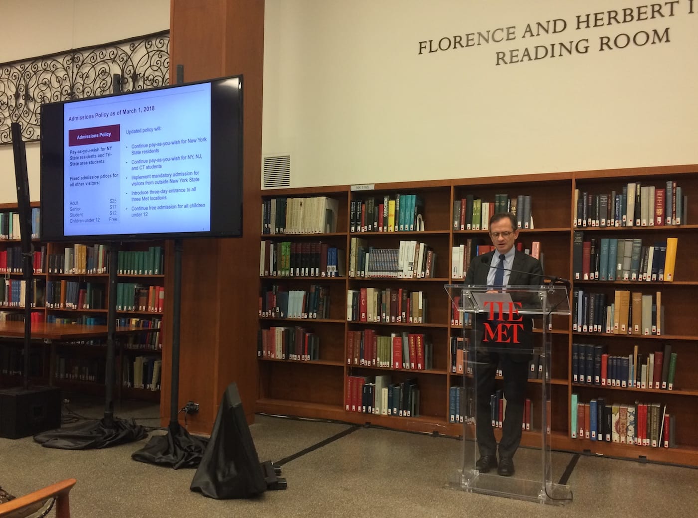 Metropolitan Museum President and Chief Operating Office Daniel Weiss announcing the new admissions policies at a press conference this morning. (photo by Elena Goukassian/Hyperallergic)