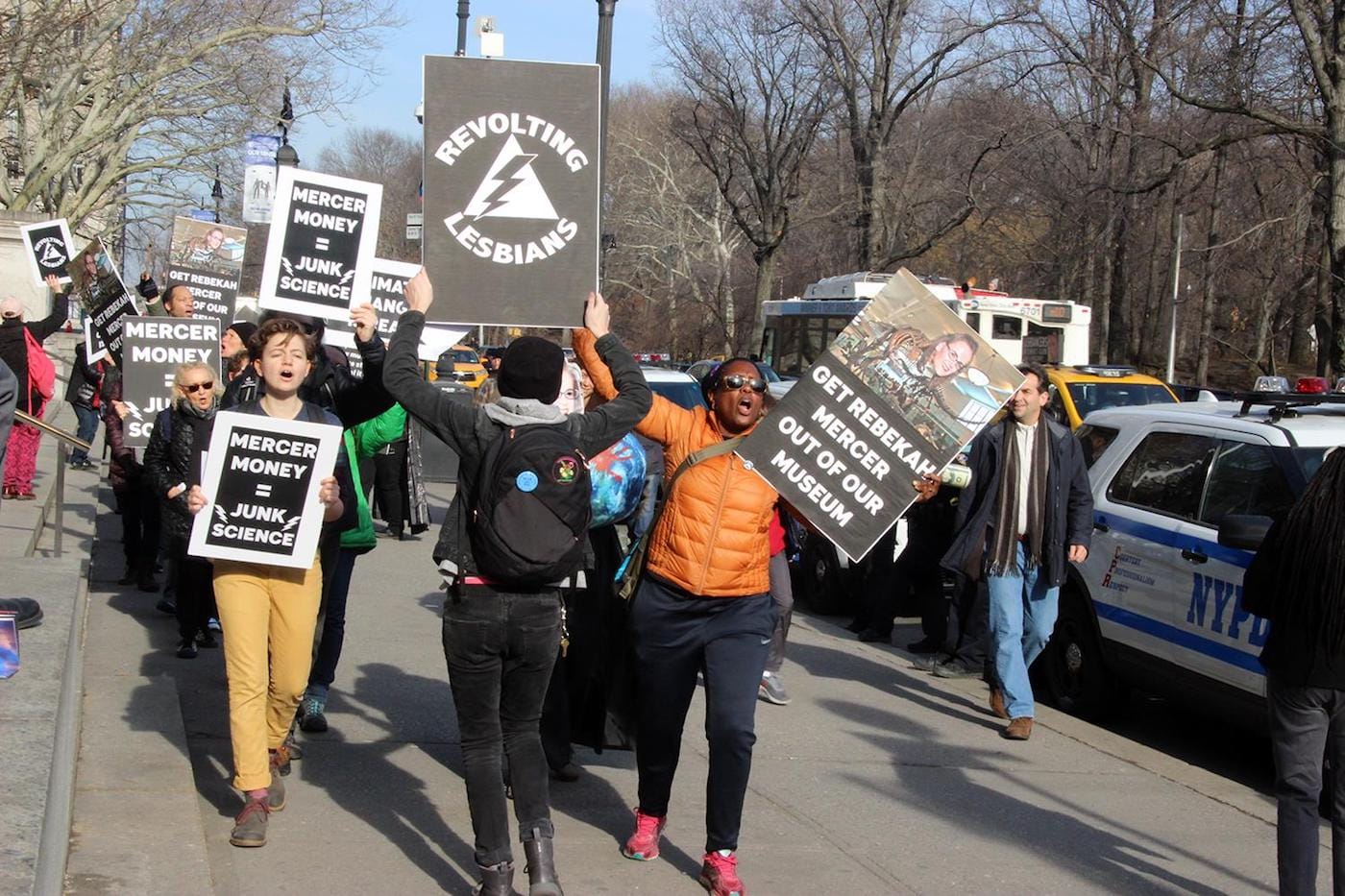 A protest against Rebekah Mercer's position on the American Museum of Natural History's board of trustees organized by Revolting Lesbians on January 21. (photo by and courtesy Saskia Scheffer)