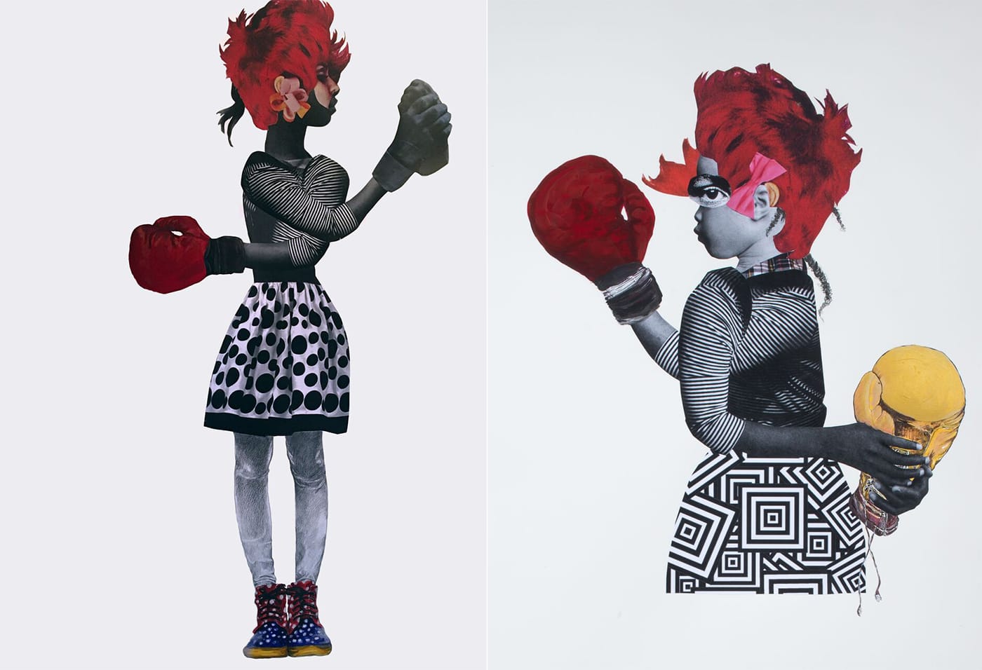 Deborah Roberts, "Tug of War" (2017, left), private collection; and Deborah Roberts, "Rope a Dope" (2017, right), private collection (both images courtesy of the artist)