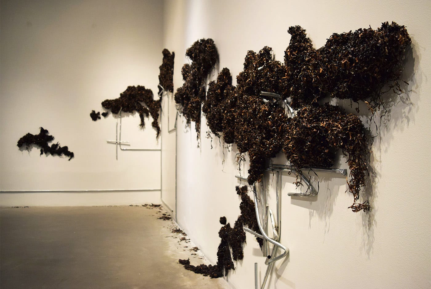 Violet Dennison, "M.O.O.P." (2018),seagrass collected in the Florida Keys, resin, and electrical metallic tubing conduit