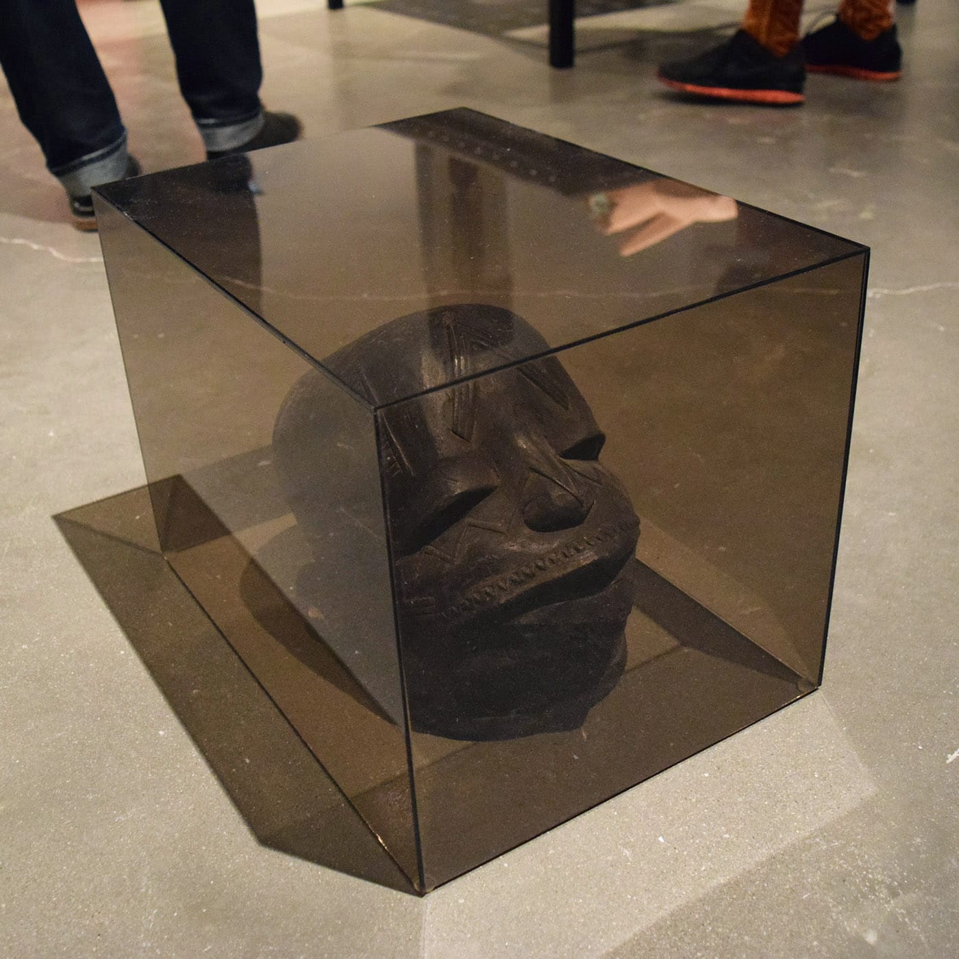 Detail of Matthew Angelo Harrison, "Prototype of Dark Silhouettes" (2018), sculptures from West Africa, polyurethane resin, anodized aluminum, automotive clay, and zebra bone