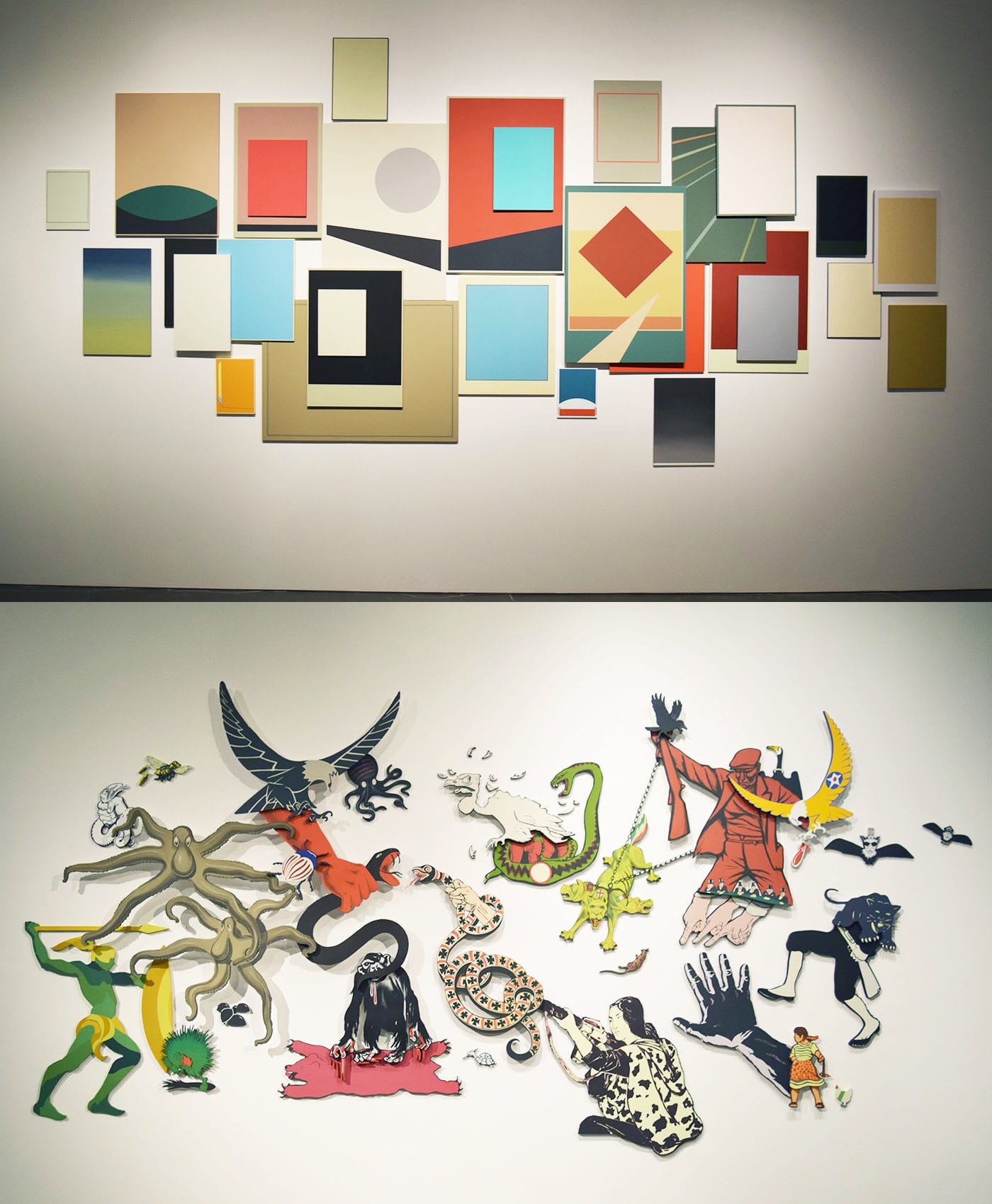 Both sides of Claudia Martínez Garay's diptych installed on opposing walls, "Cannon Fodder / Cheering Crowds" (2018), acrylic on wood