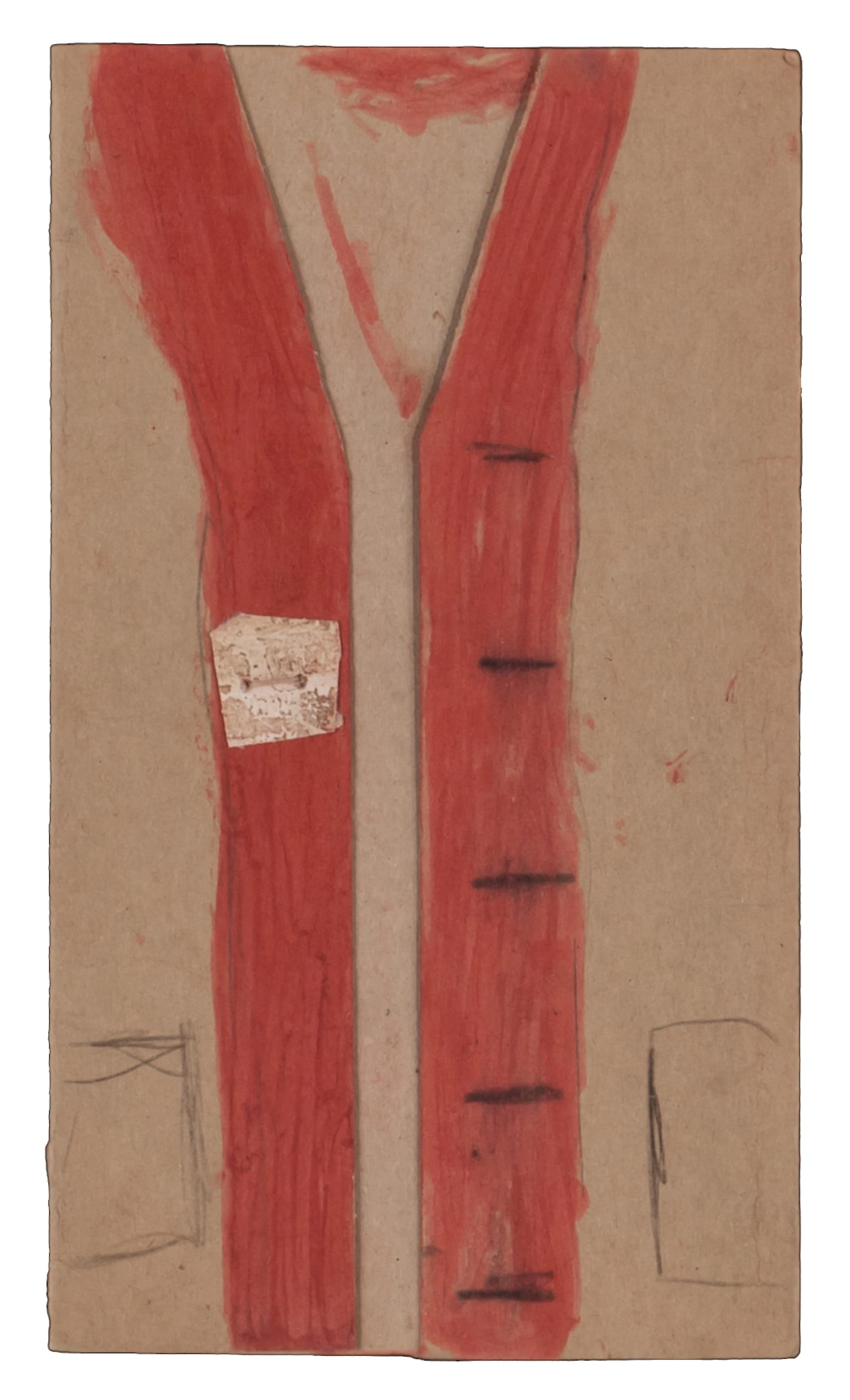 James Charles Castle, "Untitled (Vest)" (nd), found paper, color of unknown origin, soot, string, 9 3/8 x 5 3/8 in (collection of The William Louis-Dreyfus Foundation Inc.; © 2018 James Castle Collection and Archive LP)
